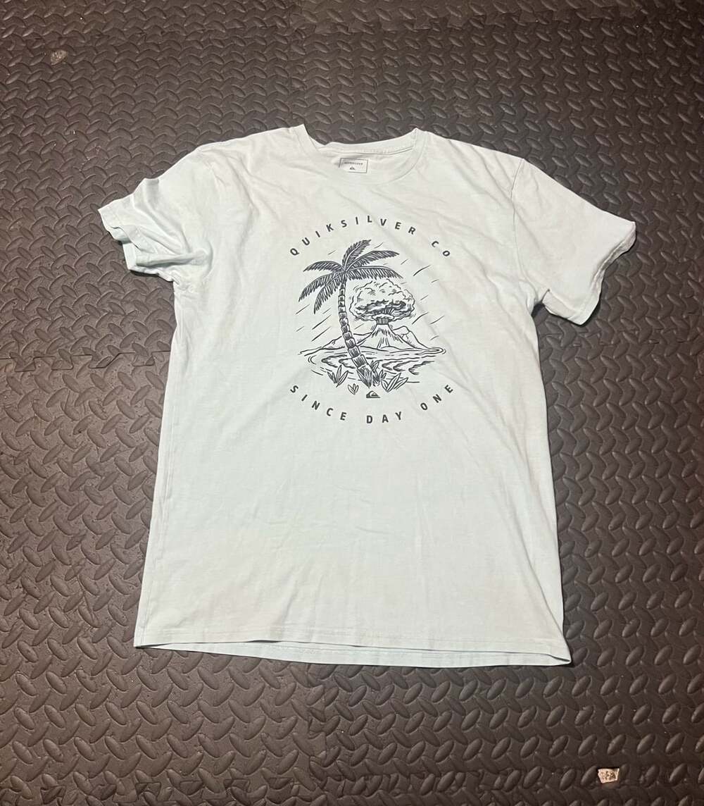 Quiksilver Graphic T-Shirt Size L Light Blue Palm Volcano Since Day One